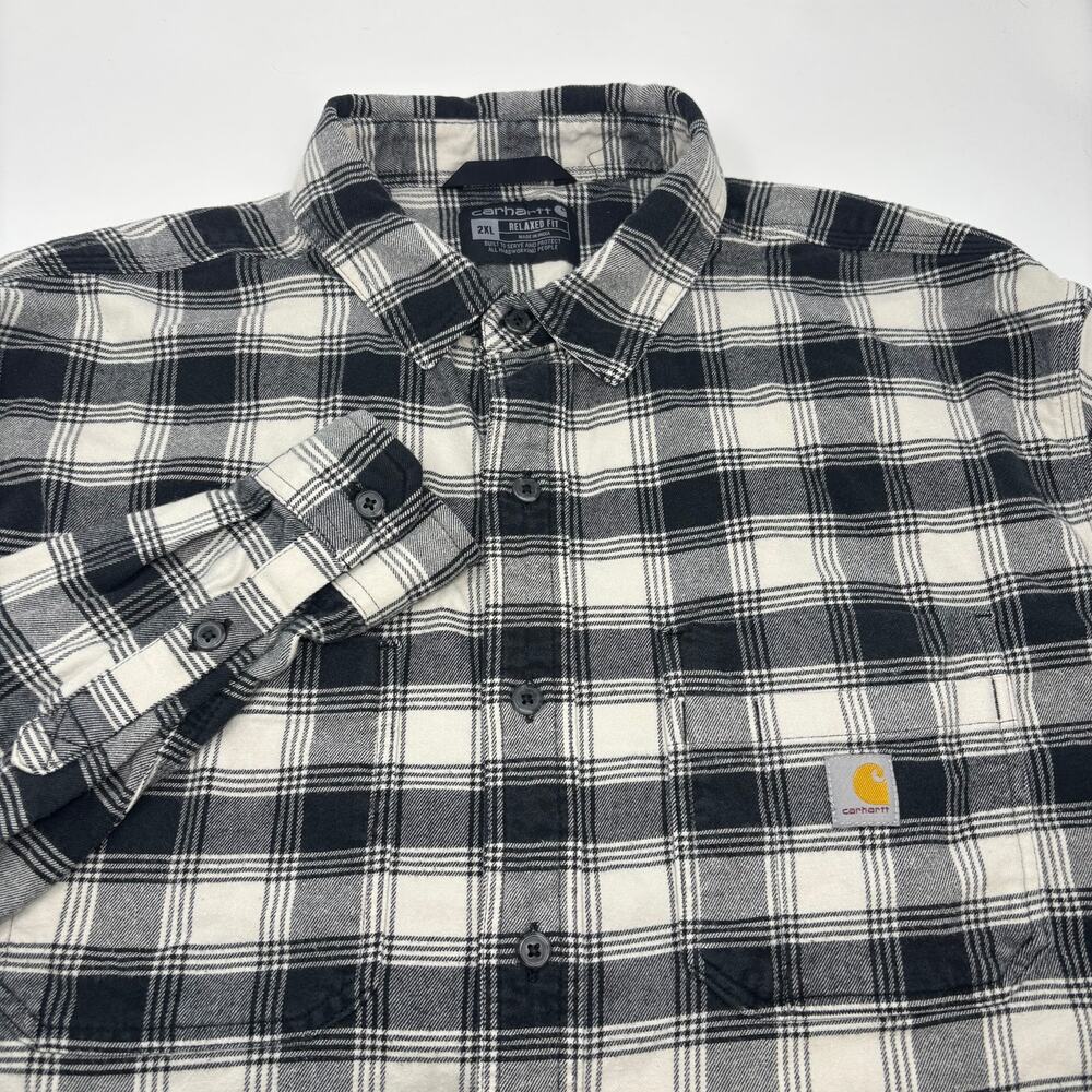Carhartt 2Xl Black White Plaid Long Sleeve Cotton Blend Button Up Flannel Shirt